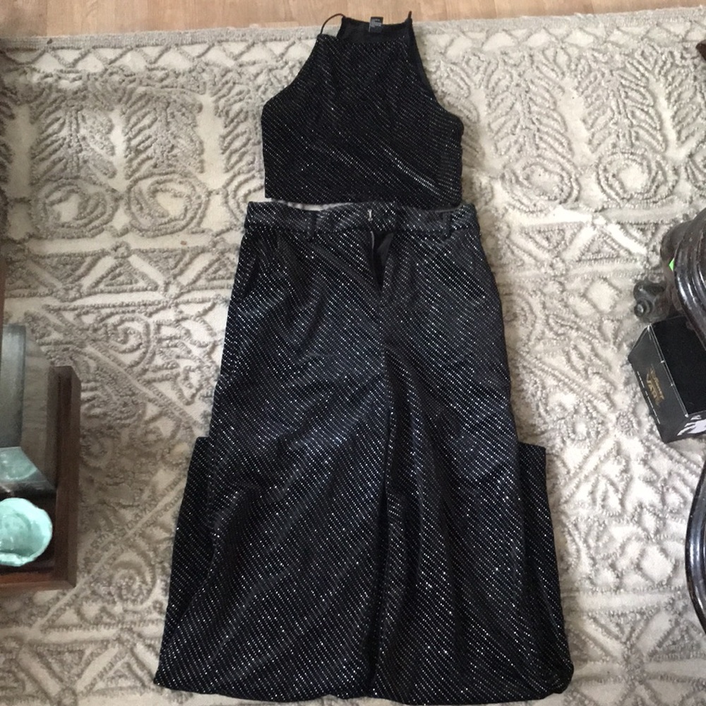 Forever 21 Black Velvet Rhinestone Crop Top & HighWaisted Pant